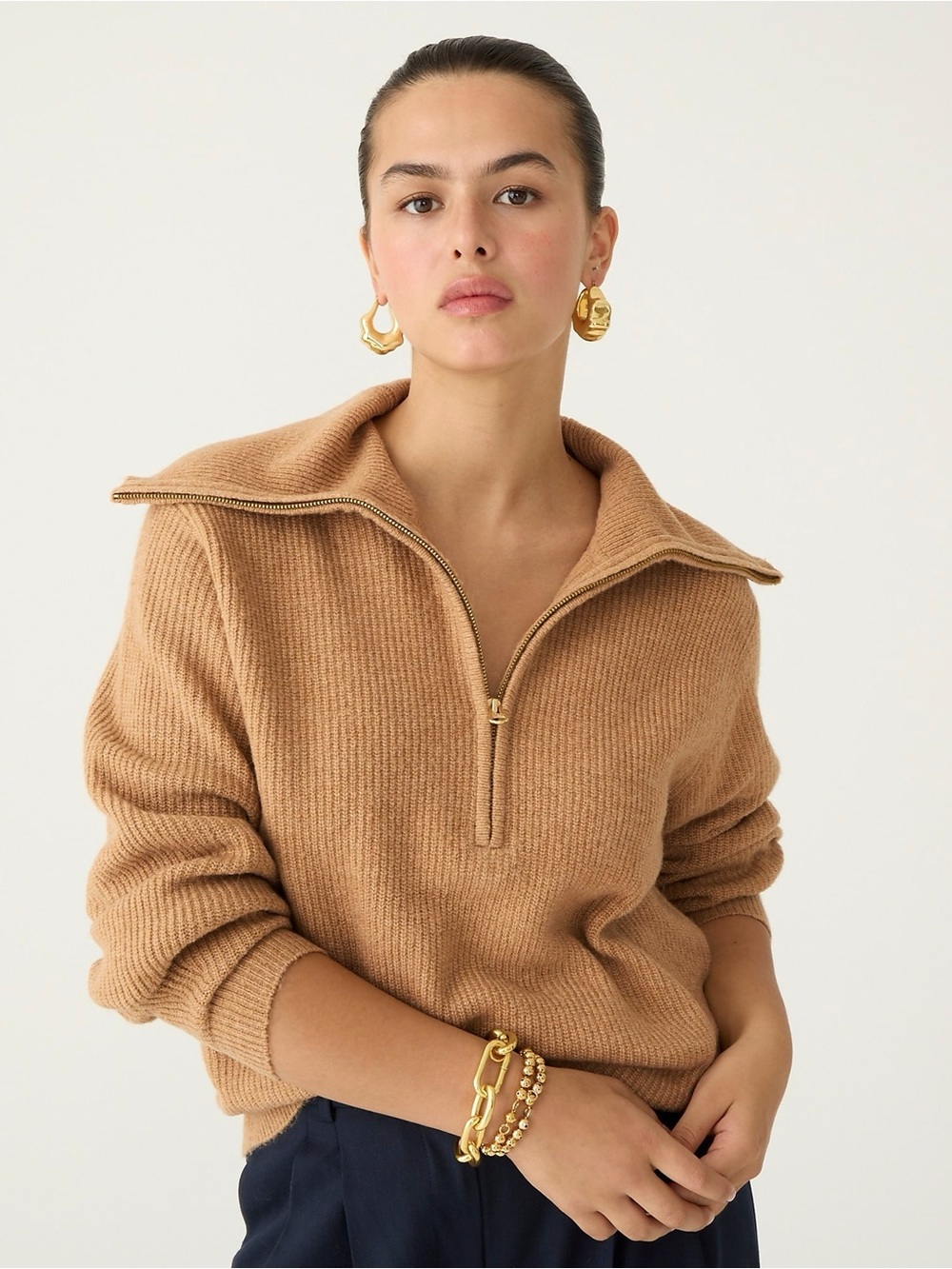 J Crew Half Zip Stretch Sweater in Camel Tan L Large Wool Alpaca Blend Classic